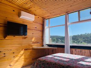 een slaapkamer met een bed, een tv en een raam bij Parque Cueva de los Leones - Rimusa Inn in Creel