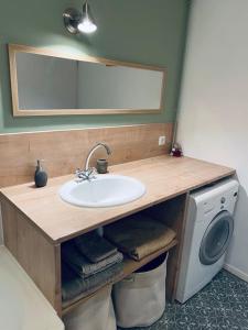 a bathroom with a sink and a washing machine at Très bel appartement Dunkerque centre, en Citadelle in Dunkerque
