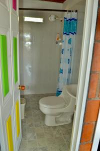 a bathroom with a toilet and a shower at Casa del Bosque in Trujillo