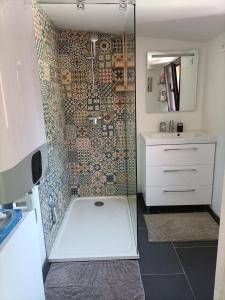 uma casa de banho com um chuveiro e uma parede de azulejos em Maisonnette tout confort em Rochefort-du-Gard