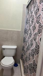 a bathroom with a toilet and a shower curtain at Tropical Hideaway in Nassau