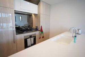 uma cozinha com um lavatório e um fogão em Stunning 2 bedroom APT in Wentworth point em Sidney