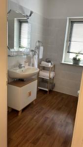 a bathroom with a sink and a mirror at Ferienwohnung Edge-Inn 