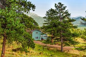 a blue house in the middle of trees at Deer Mountain Lodge South in Estes Park