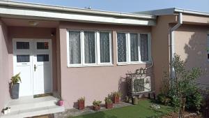 una pequeña casa rosa con una puerta blanca en Jela Apartman en Podgorica