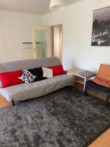 a living room with a couch and a table at Ruim 2 slaapkamer appartement dichtbij Antwerpen, haven en natuur in Brasschaat