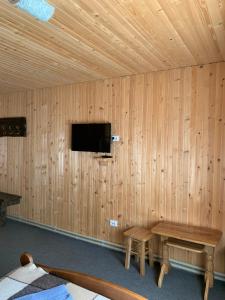 um quarto com uma parede de madeira e uma televisão de ecrã plano em Hotel Novoe Shale em Yablunytsya
