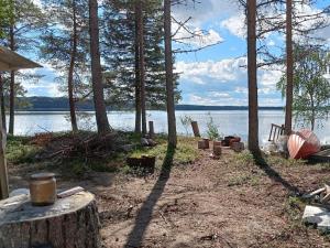 a campsite with a view of the water and trees at Kaukuanjärven Kimallus in Kuloharju