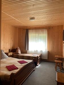 um quarto com 2 camas e uma janela num quarto em Hotel Novoe Shale em Yablunytsya