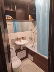 een badkamer met een wastafel, een toilet en een bad bij Butas 34 in Šiauliai