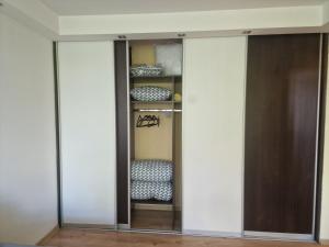 a closet with glass doors in a room at Butas 34 in Šiauliai