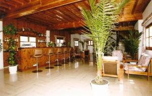 a large room with chairs and a palm tree in it at Panorama Hotel in Agios Stefanos