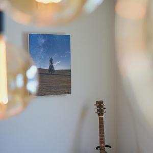 Un'immagine di un albero e una chitarra su un muro di The Box House a Furano
