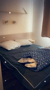 sypialnia z łóżkiem z niebieskim kocem w obiekcie Nathalie et Yannick E53 E54 G15 G16 Mobil home climatisé Proche europapark w mieście Boofzheim