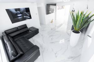 TamiamiにあるSpacious Miami Home Heated Pool BBQ L35のリビングルーム(黒い革張りのソファ、植物付)