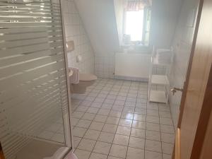 a bathroom with a shower and a toilet and a sink at Ferienhof Klein in Gunzenhausen +24 photos