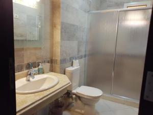 y baño con aseo, lavabo y ducha. en Telal Ground Floor 2 bedroms en Ain Sokhna