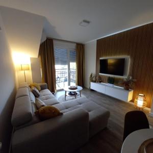 un soggiorno con divano e TV a schermo piatto di Apartman Prodan a Sombor