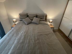 1 cama grande en una habitación con 2 lámparas en Apartman Prodan, en Sombor