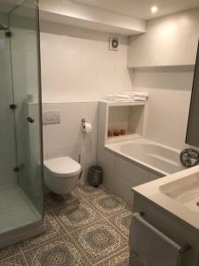 a bathroom with a shower and a toilet and a sink at B&B Nouveauté in Vaals