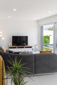 a living room with a black couch and a tv at SIHEM ‘S Villa Luxury House in Santa Barbara