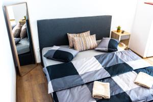 克卢日-纳波卡Thome Bucegi Studio的一张带黑色和白色毯子及镜子的床