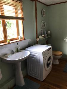 a bathroom with a washing machine and a sink at Cottage Les Glycines in Javron-Les-Chapelles