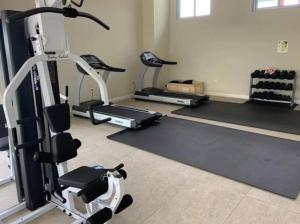 a gym with several tread machines in a room at Lovely 2 BedRoom c̅ Netflix across National Stadium Kingston in Kingston