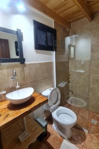 a bathroom with a toilet and a sink and a shower at Minicasa Rural Maria Preta in Puerto Iguazú