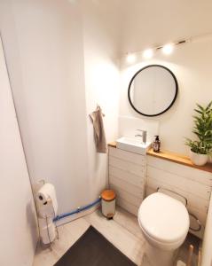 a bathroom with a toilet and a sink and a mirror at Sublime appartement hyper centre Hirson in Hirson