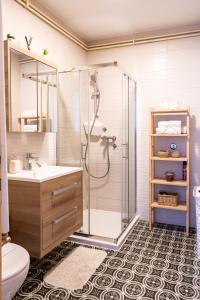 bagno con doccia e lavandino di Studio apartman Queen a Bjelovar