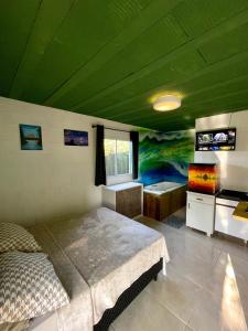 1 dormitorio con 1 cama y una pintura en la pared en Cabanas Prema, en Praia do Rosa