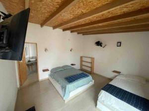 ロス・オルガノスにあるDepa Carpena playa Punta Velerosのベッドルーム1室(ベッド2台、薄型テレビ付)
