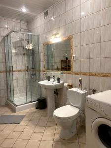 a bathroom with a toilet and a shower and a sink at REAL VIP Hostel in Krakow