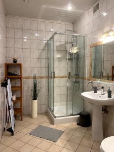W łazience znajduje się szklana kabina prysznicowa i umywalka. w obiekcie REAL VIP Hostel w Krakowie