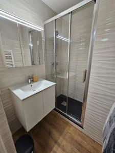 y baño con lavabo blanco y ducha. en Studio Le Santa-Maria - Frejus Plage en Fréjus