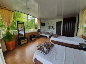 sypialnia z 2 łóżkami i dużym oknem w obiekcie Alojamiento Rural Entre El llano y la selva w San José Del Guaviare