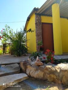 een klein geel huis met een tuin ervoor bij chalé caminho da mata in Cavalcante