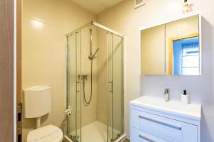 a bathroom with a shower and a toilet and a sink at Studio apartman the little Prince in Bjelovar