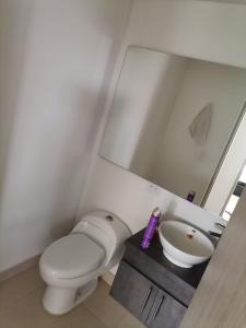 La salle de bains est pourvue de toilettes, d'un lavabo et d'un miroir. dans l'établissement Apto nuevo de 67m2, con todas las comodidades, à Bogotá
