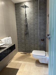 uma casa de banho com um chuveiro, um WC e um lavatório. em Villa Novia em Marrakech