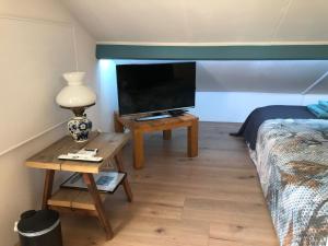 een slaapkamer met een bed en een tafel met een televisie bij Altynghe in Beilen
