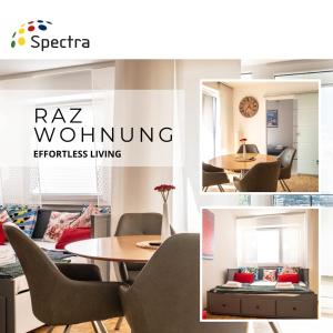 uma colagem de fotos de um quarto com uma mesa e cadeiras em Modern, fully equipped apartment, ideal for Messe fair em Hanôver