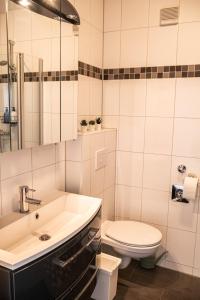 uma casa de banho branca com um lavatório e um WC em Modern, fully equipped apartment, ideal for Messe fair em Hanôver