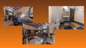 a collage of pictures of a bedroom with two beds at Le Domharry in Anse-Bertrand