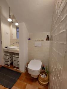 un bagno con un water bianco e un lavandino di Cosy Terrace House - design, comfort, micro-pool, top location in Olhão a Olhão Altre 34 foto