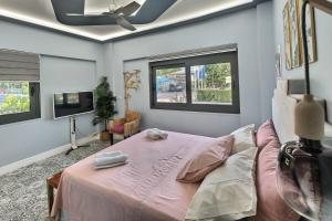 1 dormitorio con 1 cama rosa y TV en Angela's apartment, en Olimpia