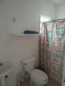 a bathroom with a toilet and a shower curtain at RESIDENCIA EN VERACRUZ in Veracruz