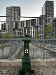 a green fire hydrant in front of a fence at Sweet Home in Milano smart district in Milan