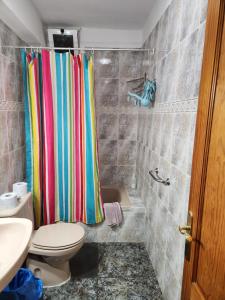 y baño con cortina de ducha y aseo. en Vivienda Vacacional América, en Valle Gran Rey